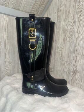 Coach Tasha Black Patent Tall Rain Boots with Gold Accent